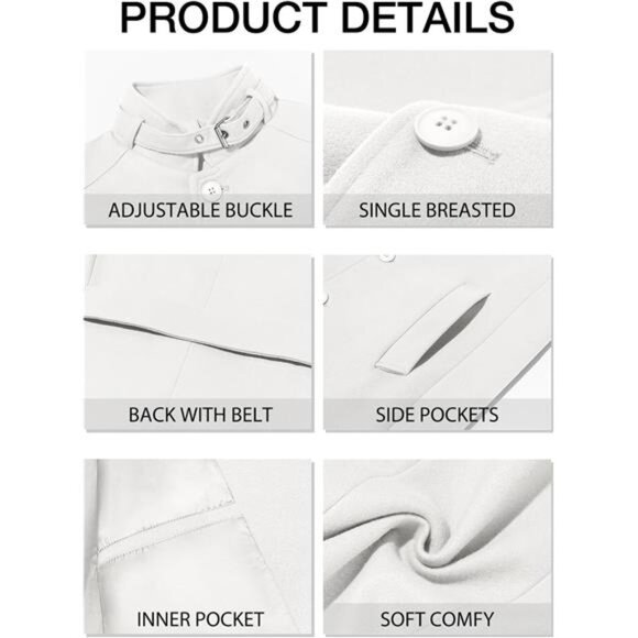 Men's Trench Coat Stand Collar Casual Slim Fit Single Breasted Pea Coat Overcoat - Picture 5 of 6